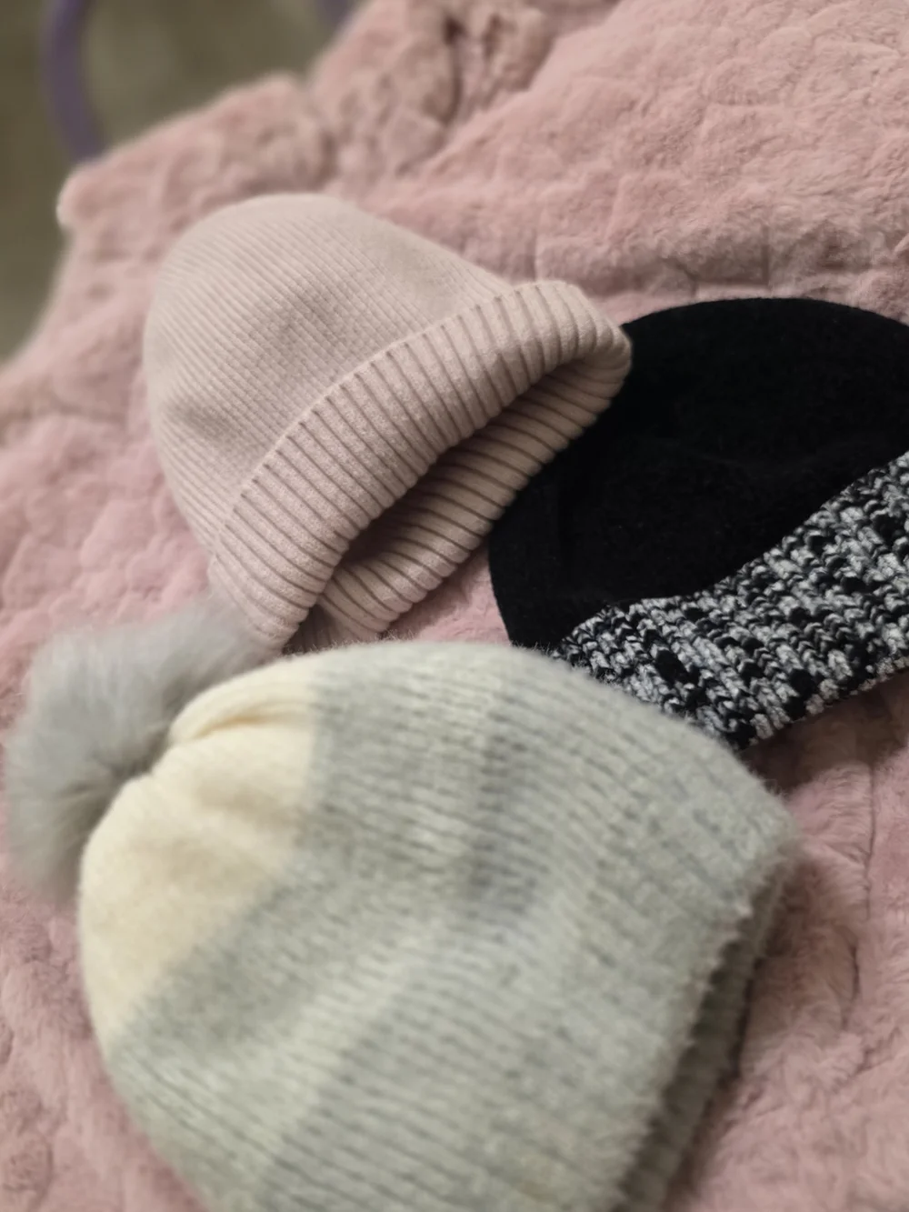 Kids Soft Knit Beanie Hat - Pink, Black, Cream